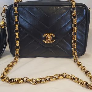 Vintage Chanel (1991-1994) Chevron Lambskin Camera Bag w/ Front Pocket & Tassel